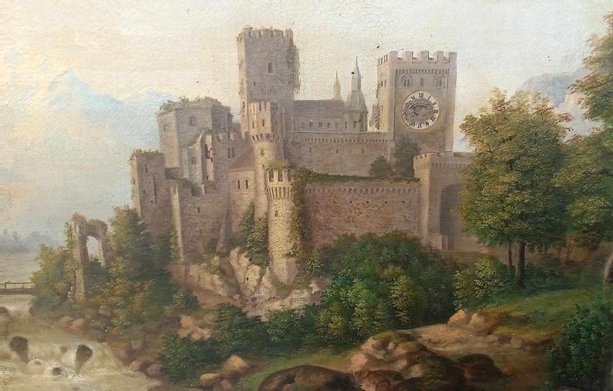 Grand Tableau Ancien Paysage De Château, Huile Sur Toile Signé Kraft 1850-photo-7