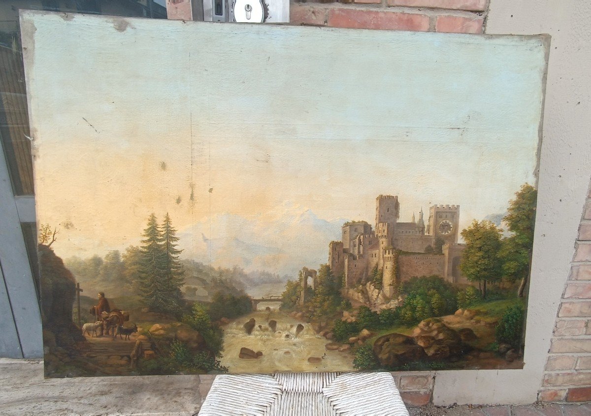 Grand Tableau Ancien Paysage De Château, Huile Sur Toile Signé Kraft 1850