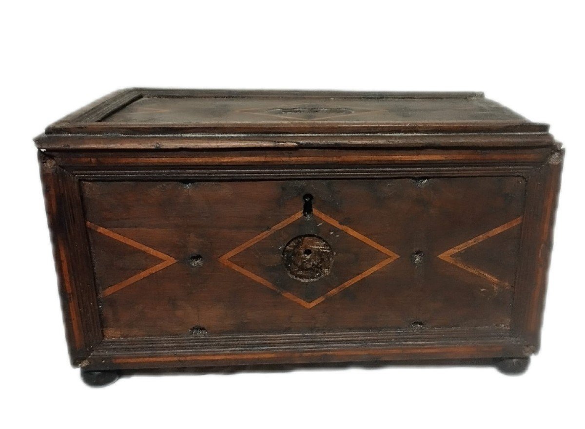 Ancient 17th Century Inlaid Wooden Alms Box-photo-2