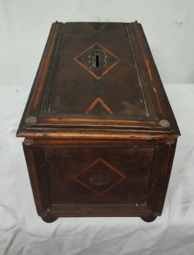 Ancient 17th Century Inlaid Wooden Alms Box-photo-1