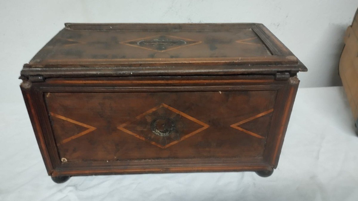 Ancient 17th Century Inlaid Wooden Alms Box-photo-2