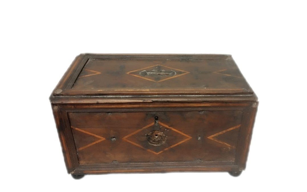 Ancient 17th Century Inlaid Wooden Alms Box