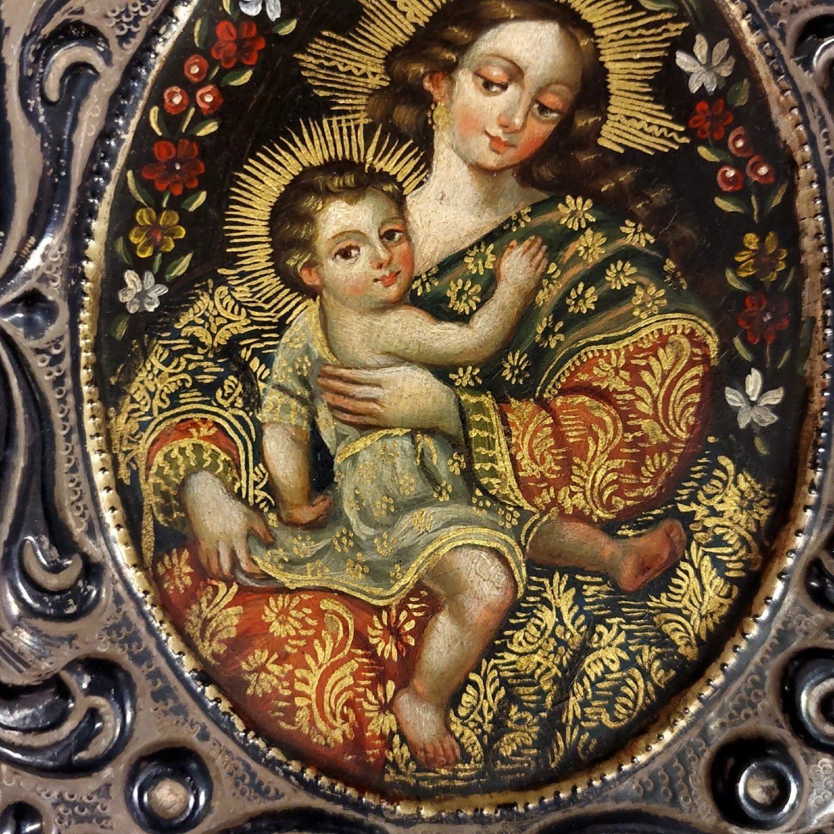 Tableau Argentique Ancien De La Vierge à l'Enfant-photo-2