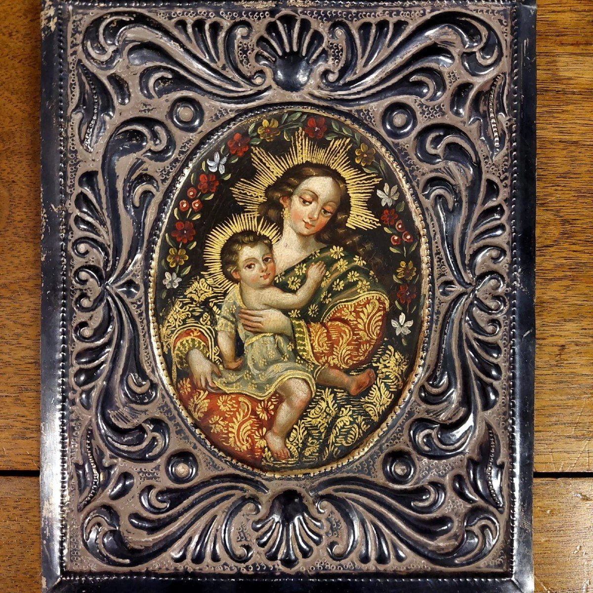 Tableau Argentique Ancien De La Vierge à l'Enfant