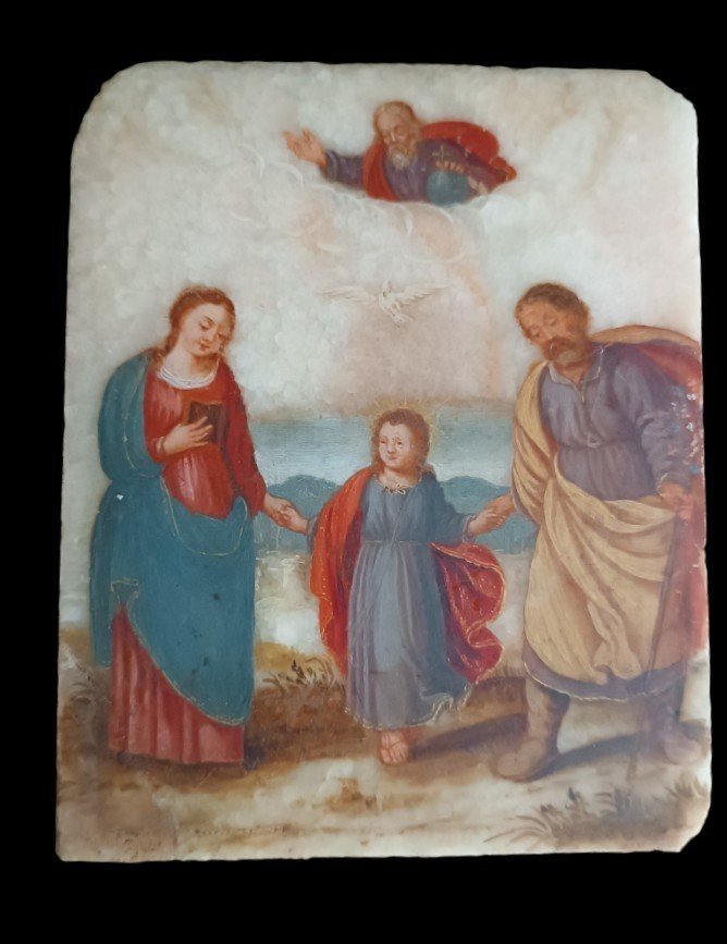 Ancient Painting On Alabaster 18th Century Italy Holy Family-photo-2