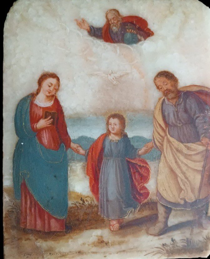 Ancient Painting On Alabaster 18th Century Italy Holy Family-photo-3