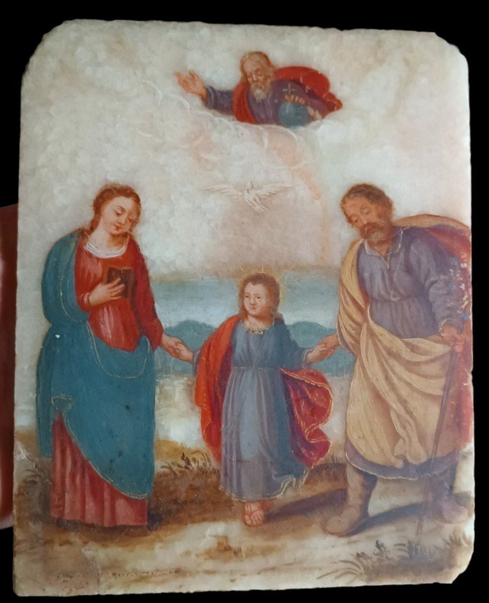 Ancient Painting On Alabaster 18th Century Italy Holy Family