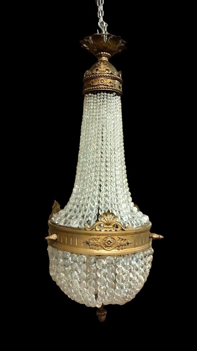 Lustre Montgolfière Bronze Antique Cristal Empire 19ème Siècle-photo-3