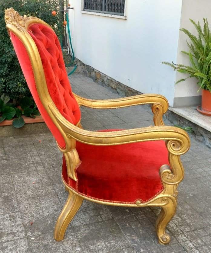 Majestueux Fauteuil Roulant En Bois Sculpté Doré Charles X-photo-4