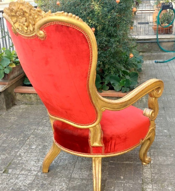 Majestueux Fauteuil Roulant En Bois Sculpté Doré Charles X-photo-1