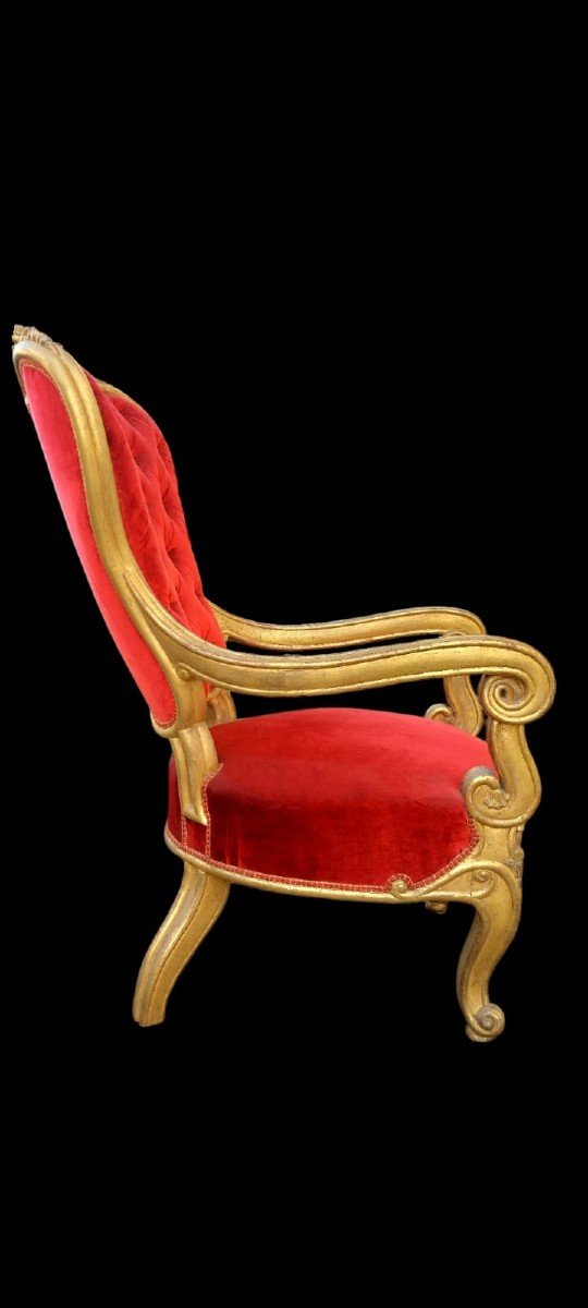 Majestueux Fauteuil Roulant En Bois Sculpté Doré Charles X-photo-3