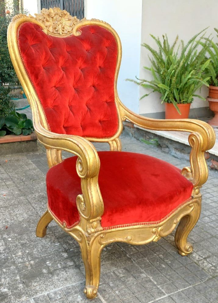 Majestueux Fauteuil Roulant En Bois Sculpté Doré Charles X-photo-8