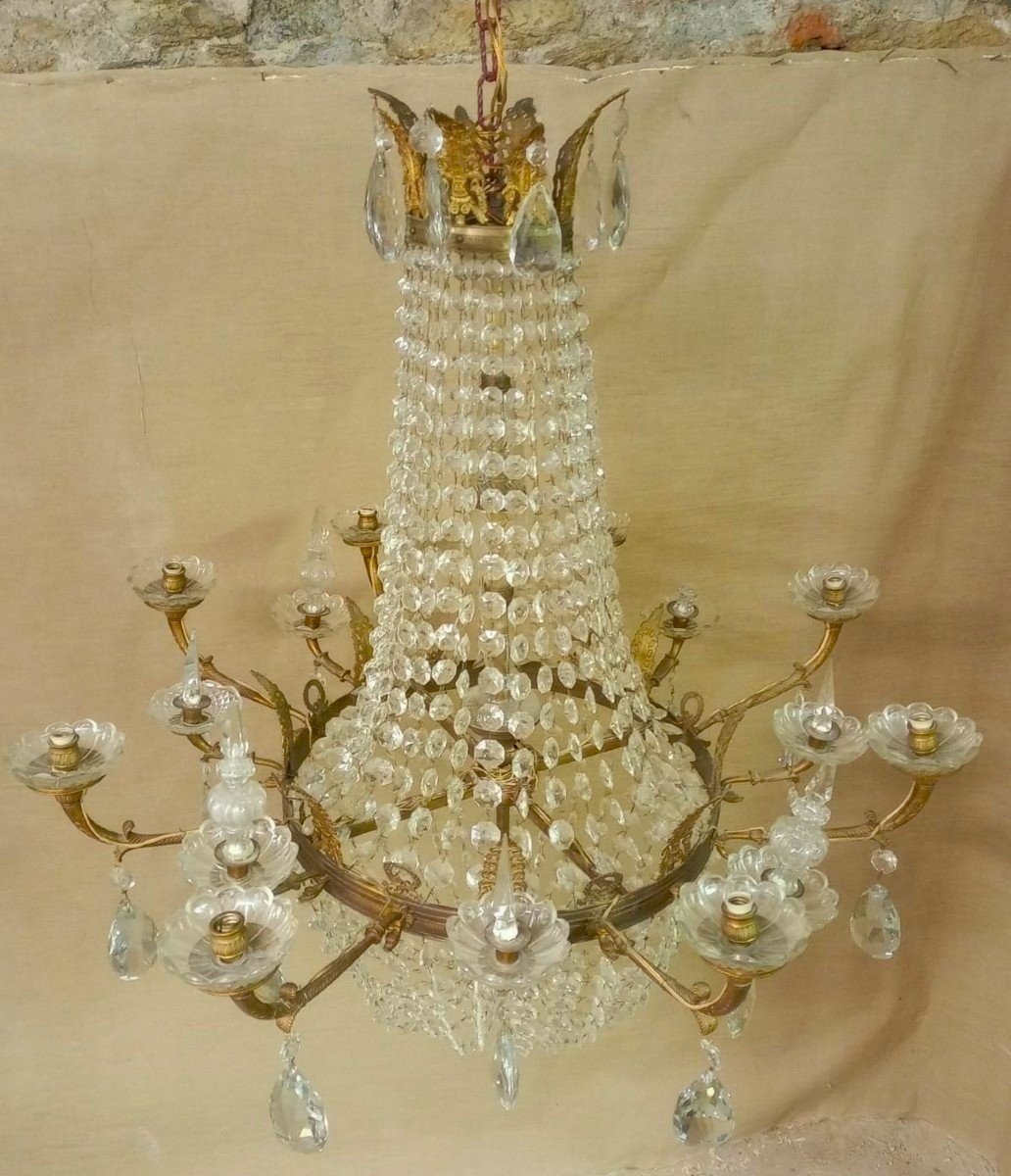 Grand Courbeille lampadaire De Lustre En Bronze Et Cristal XIX Siecle-photo-2