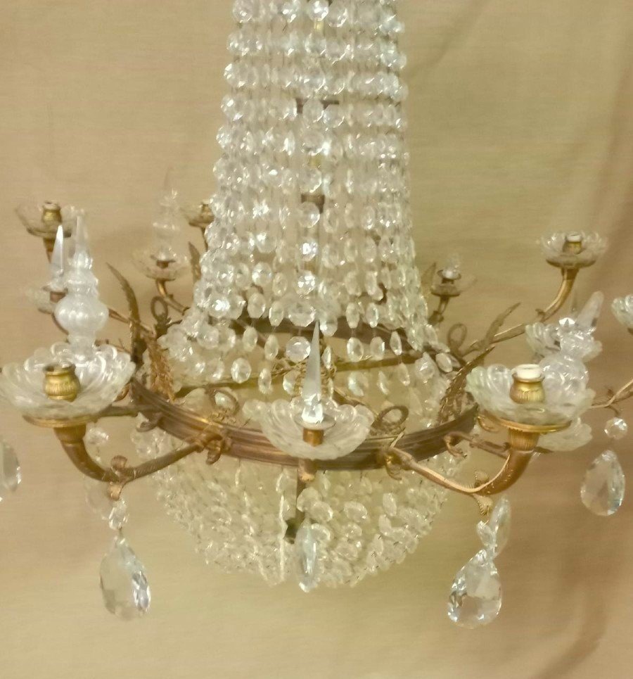 Grand Courbeille lampadaire De Lustre En Bronze Et Cristal XIX Siecle-photo-4