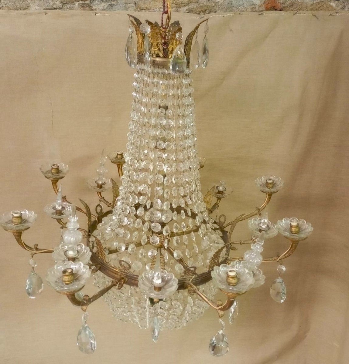 Grand Courbeille lampadaire De Lustre En Bronze Et Cristal XIX Siecle-photo-6