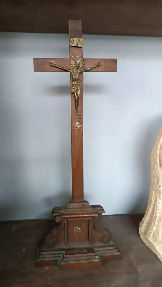 Ancient Bronze Christ Crucifix Walnut Cross Early 19th Century-photo-2