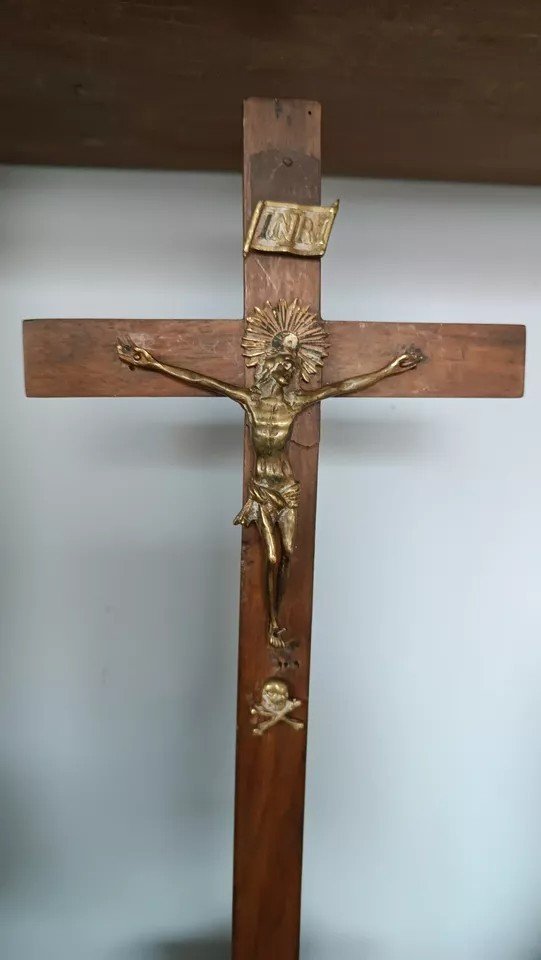 Ancient Bronze Christ Crucifix Walnut Cross Early 19th Century-photo-3