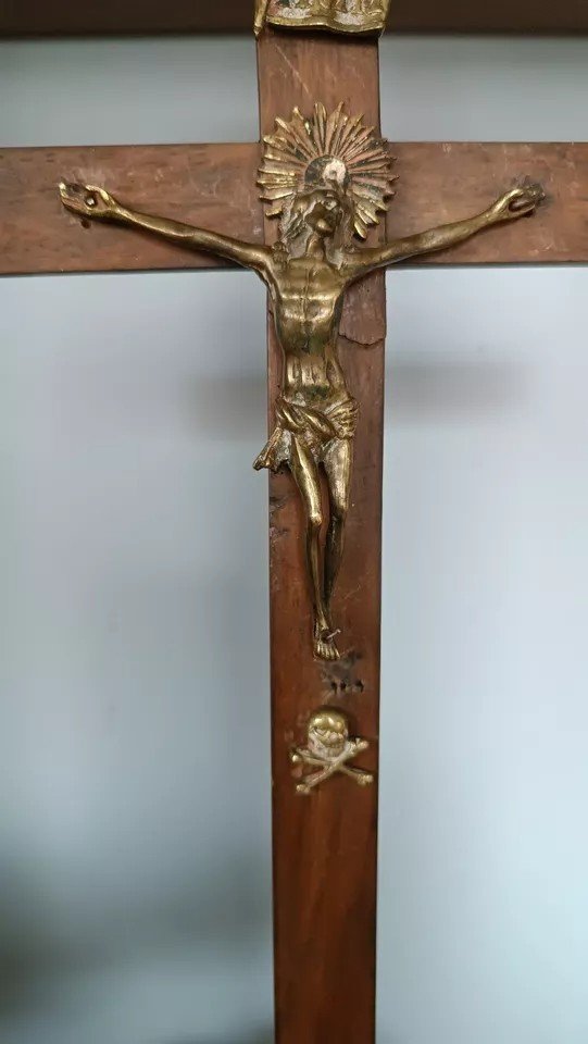 Ancient Bronze Christ Crucifix Walnut Cross Early 19th Century-photo-1