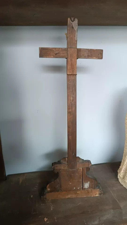 Ancient Bronze Christ Crucifix Walnut Cross Early 19th Century-photo-4