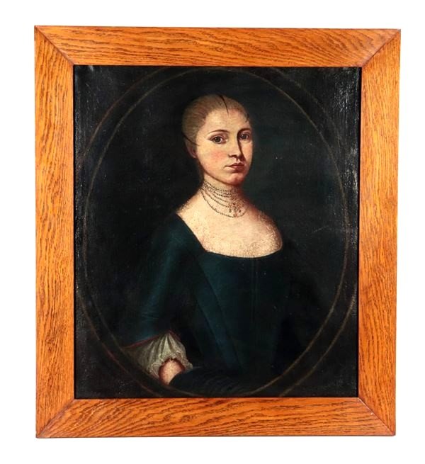 Tableau Ancien Du XVIIIe Siècle ""portrait d'Une Noble Au Collier De Perles",-photo-2