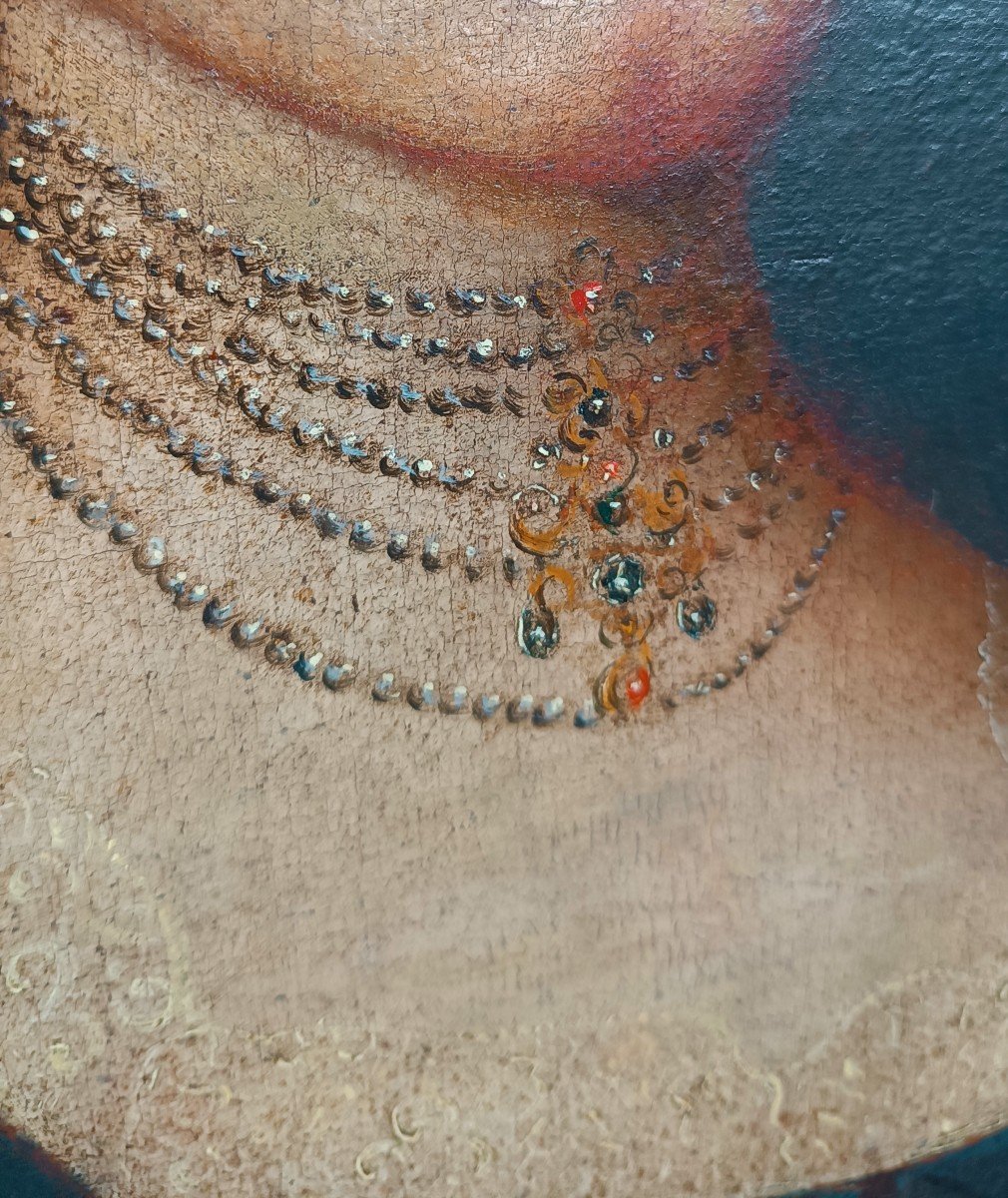 Tableau Ancien Du XVIIIe Siècle ""portrait d'Une Noble Au Collier De Perles",-photo-3