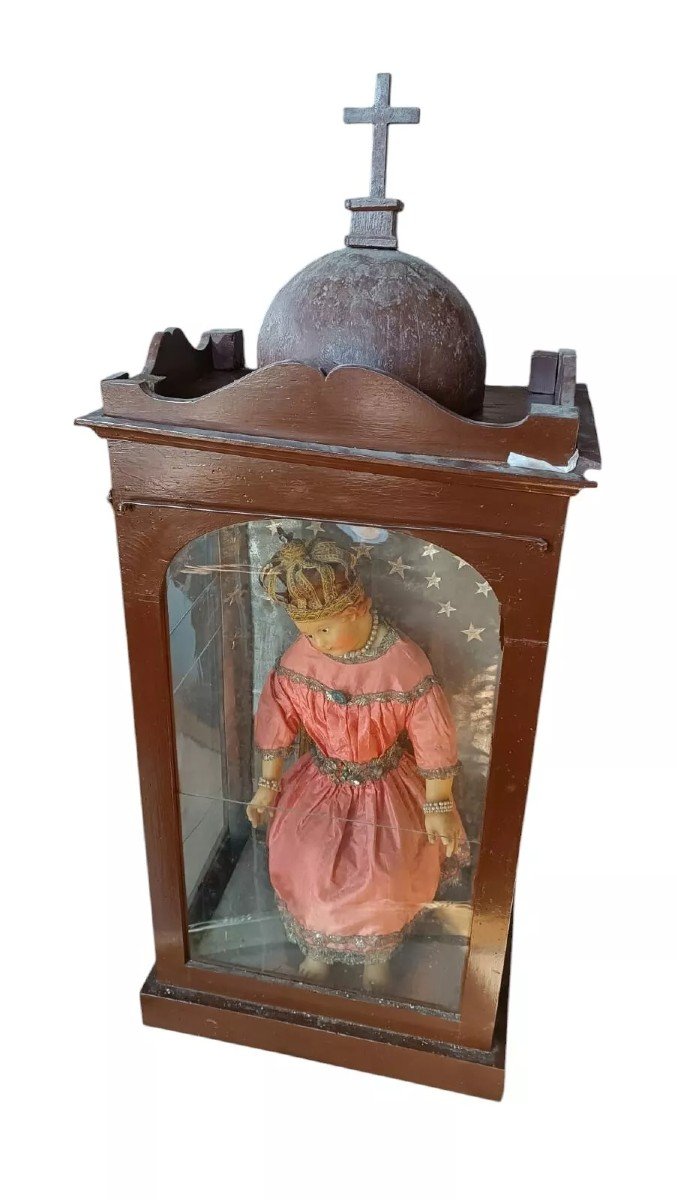 Grand Enfant Antique En Cire Avec Vitrine d'Origine