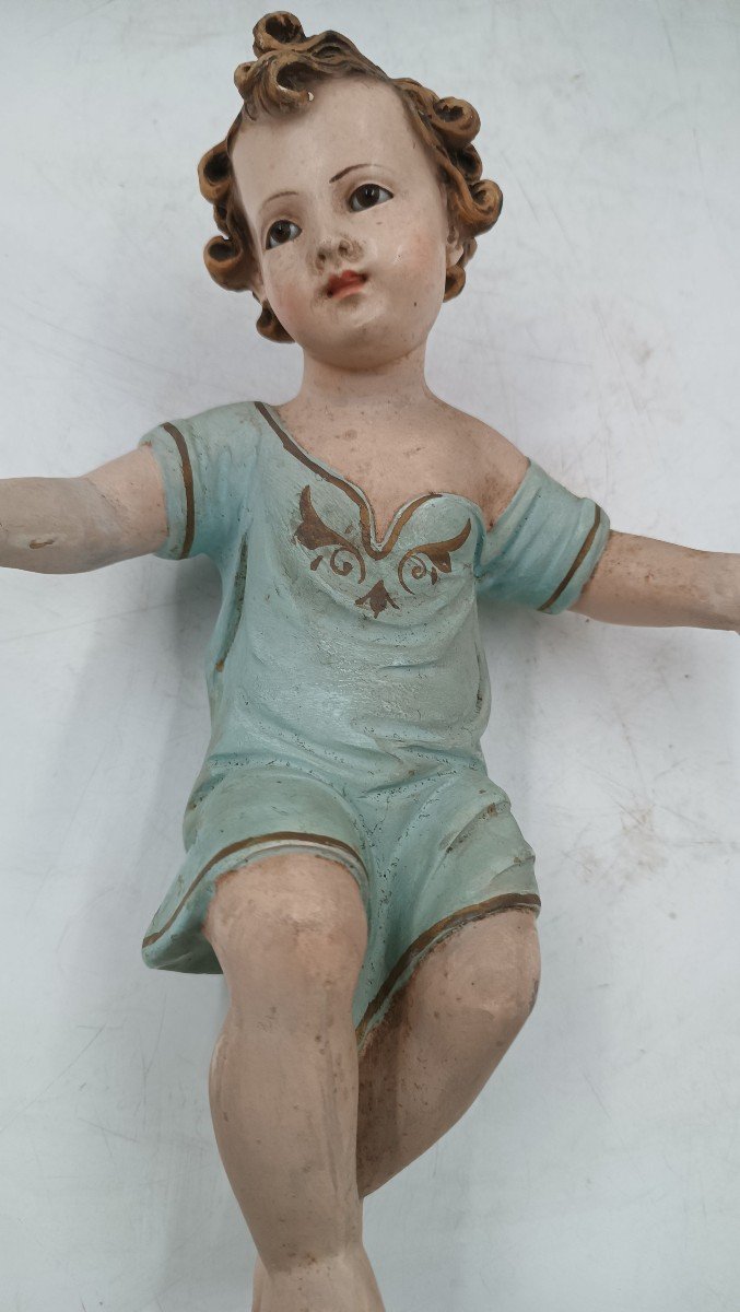 Statue De Crèche En Plâtre Peint Grand Enfant Jésus Aux Yeux De Verre De La Fin Du 19e Siecle-photo-4