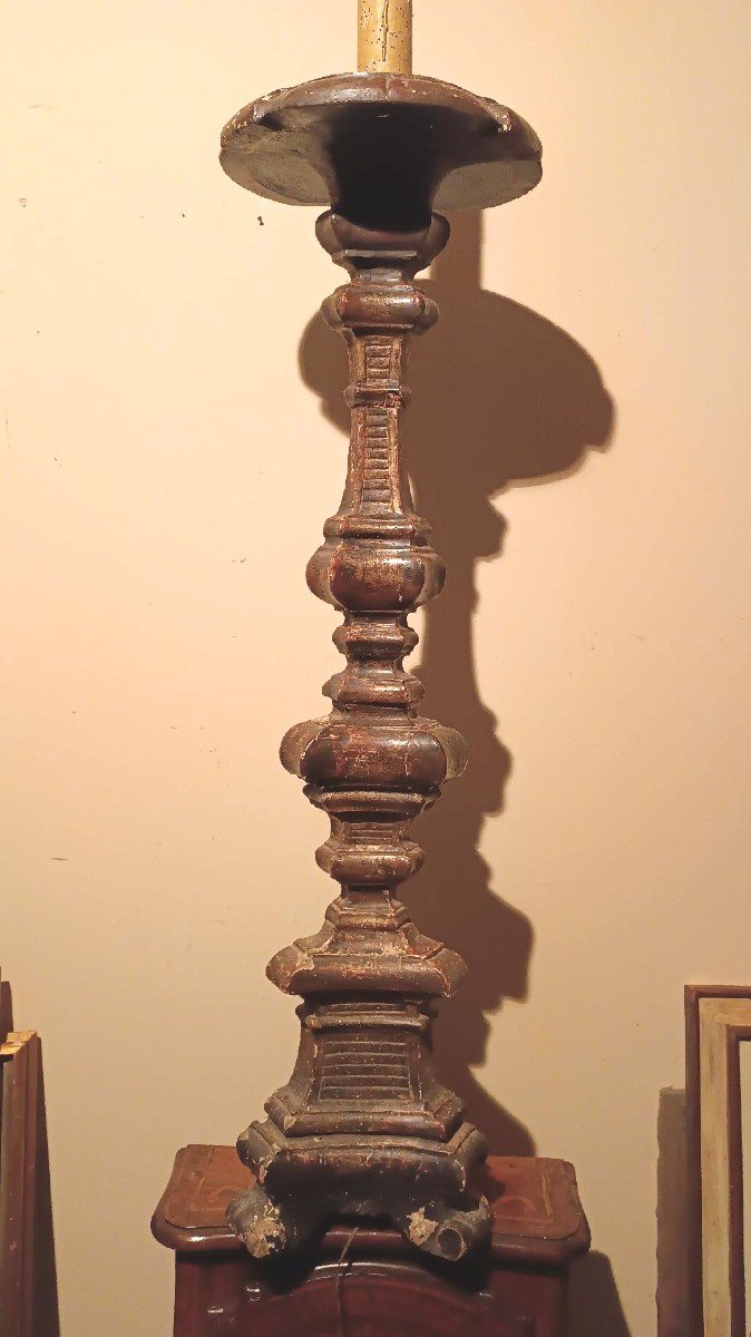 Large Silver Wood Candlestick 18th Century Electrified Floor Lamp-photo-2