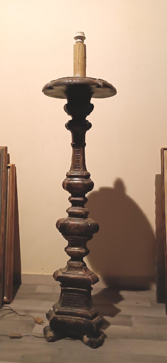 Large Silver Wood Candlestick 18th Century Electrified Floor Lamp-photo-3