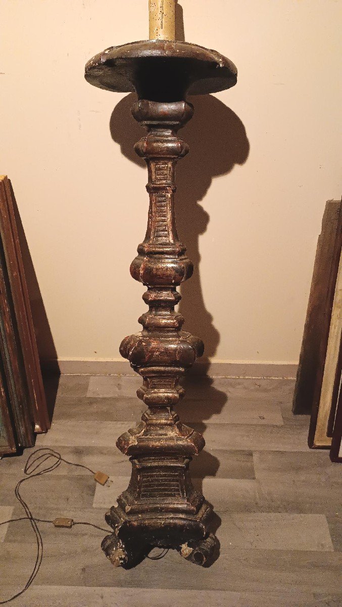 Large Silver Wood Candlestick 18th Century Electrified Floor Lamp