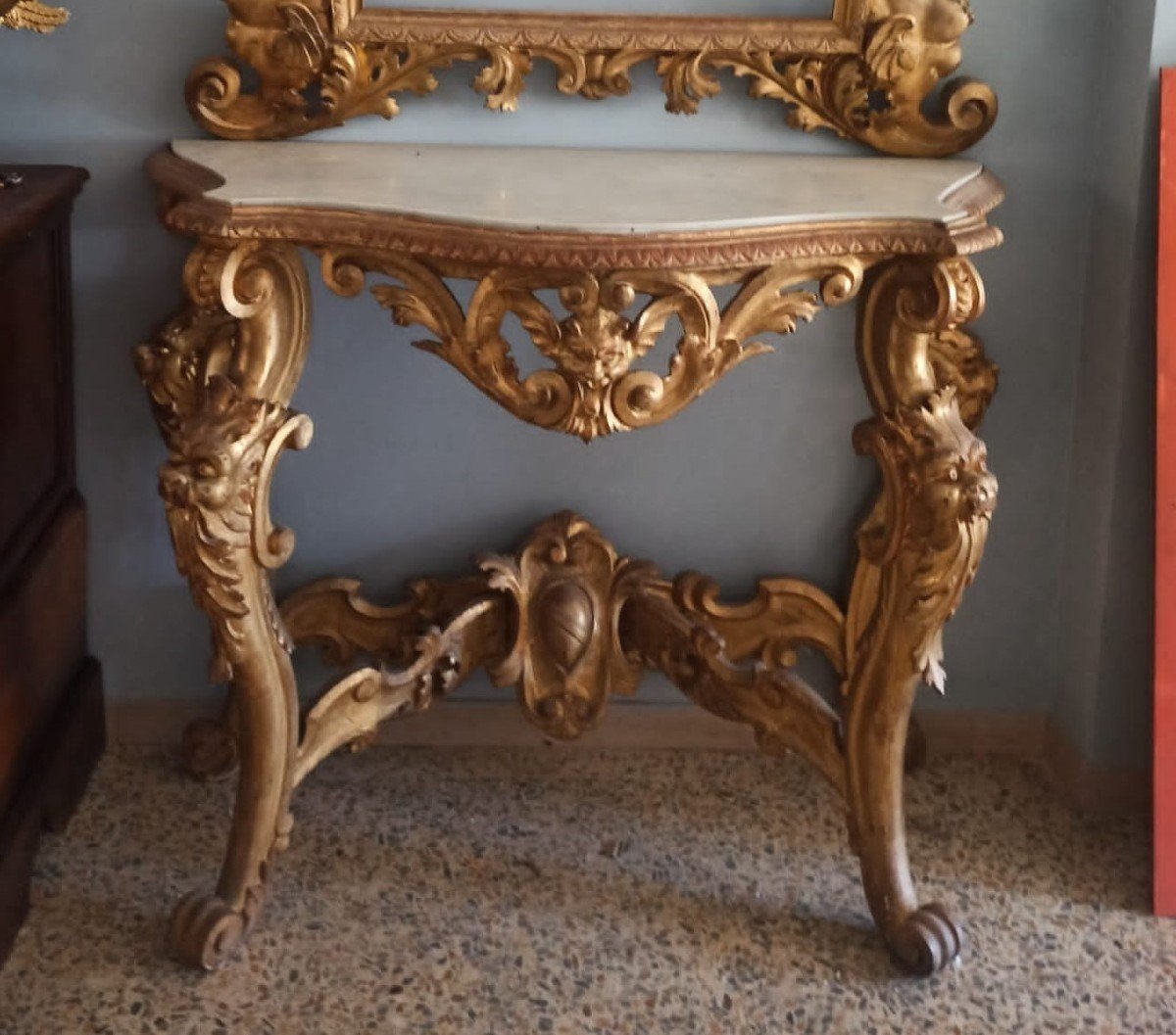 Imposante Console Avec Miroir - Bois Doré - Première Moitié Du XIXe Siècle - Toscane-photo-3