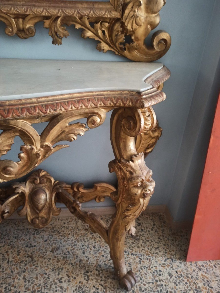 Imposante Console Avec Miroir - Bois Doré - Première Moitié Du XIXe Siècle - Toscane-photo-4