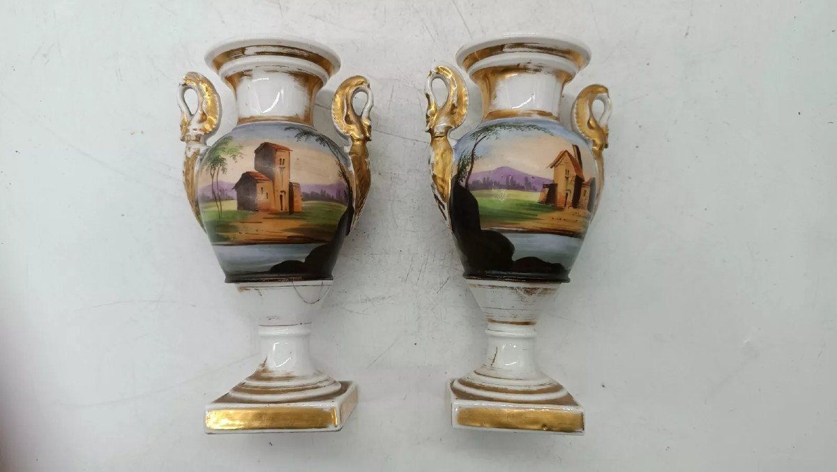 Ancienne Paire De Vases En Porcelaine Décorée Empire Français-photo-2