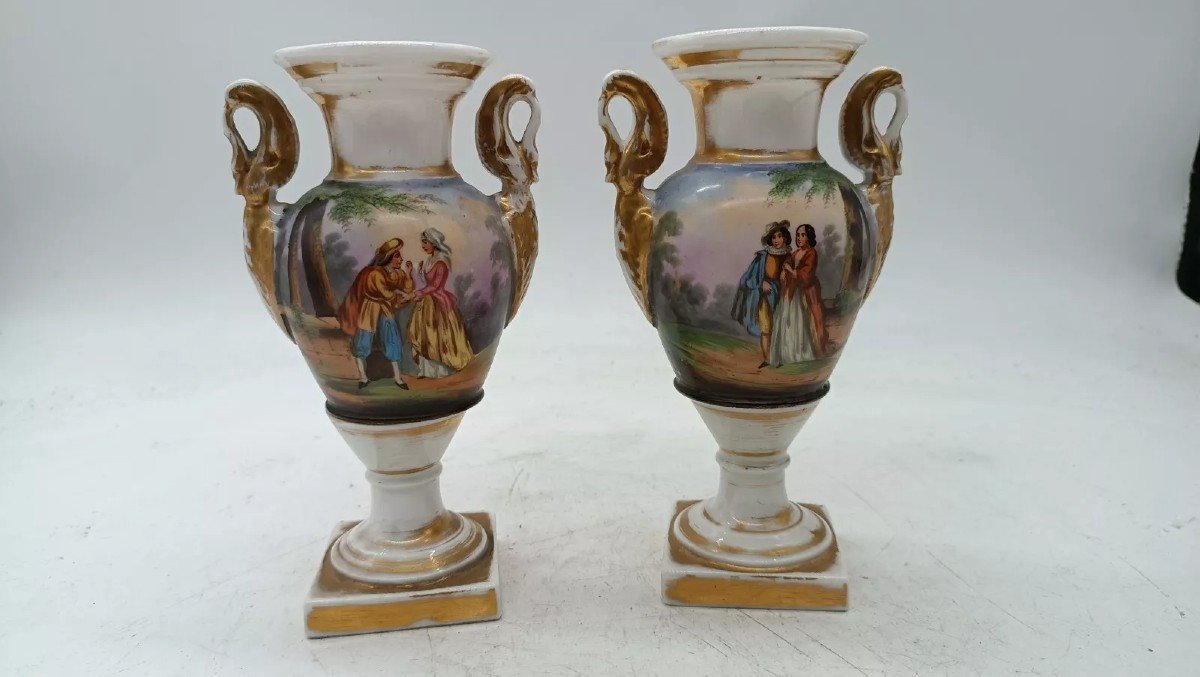 Ancienne Paire De Vases En Porcelaine Décorée Empire Français-photo-3