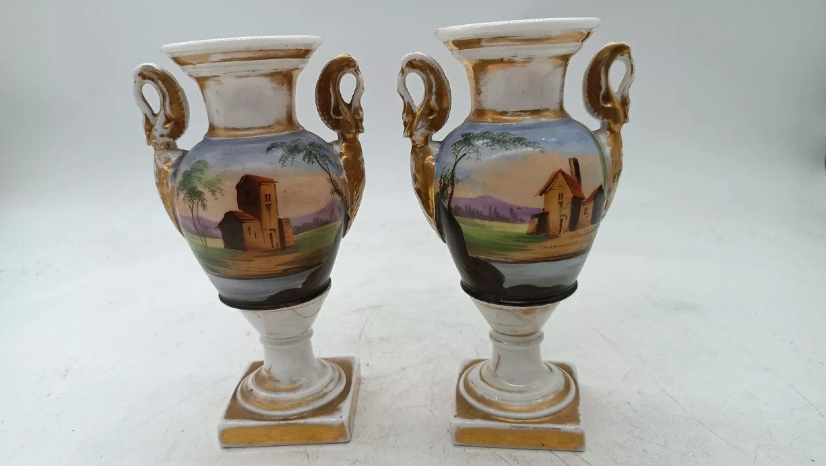 Ancienne Paire De Vases En Porcelaine Décorée Empire Français-photo-4