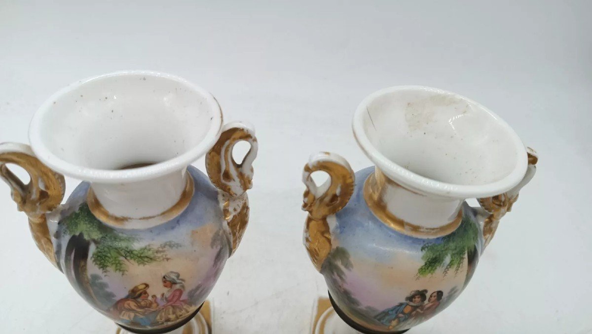 Ancienne Paire De Vases En Porcelaine Décorée Empire Français-photo-3