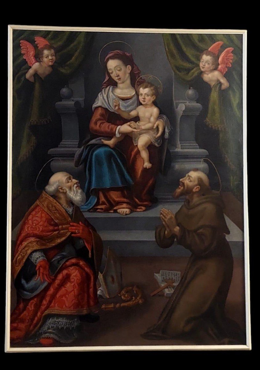 Ancient Painting - Oil On Canvas - Altarpiece - 18th Century - Madonna With Saints-photo-2