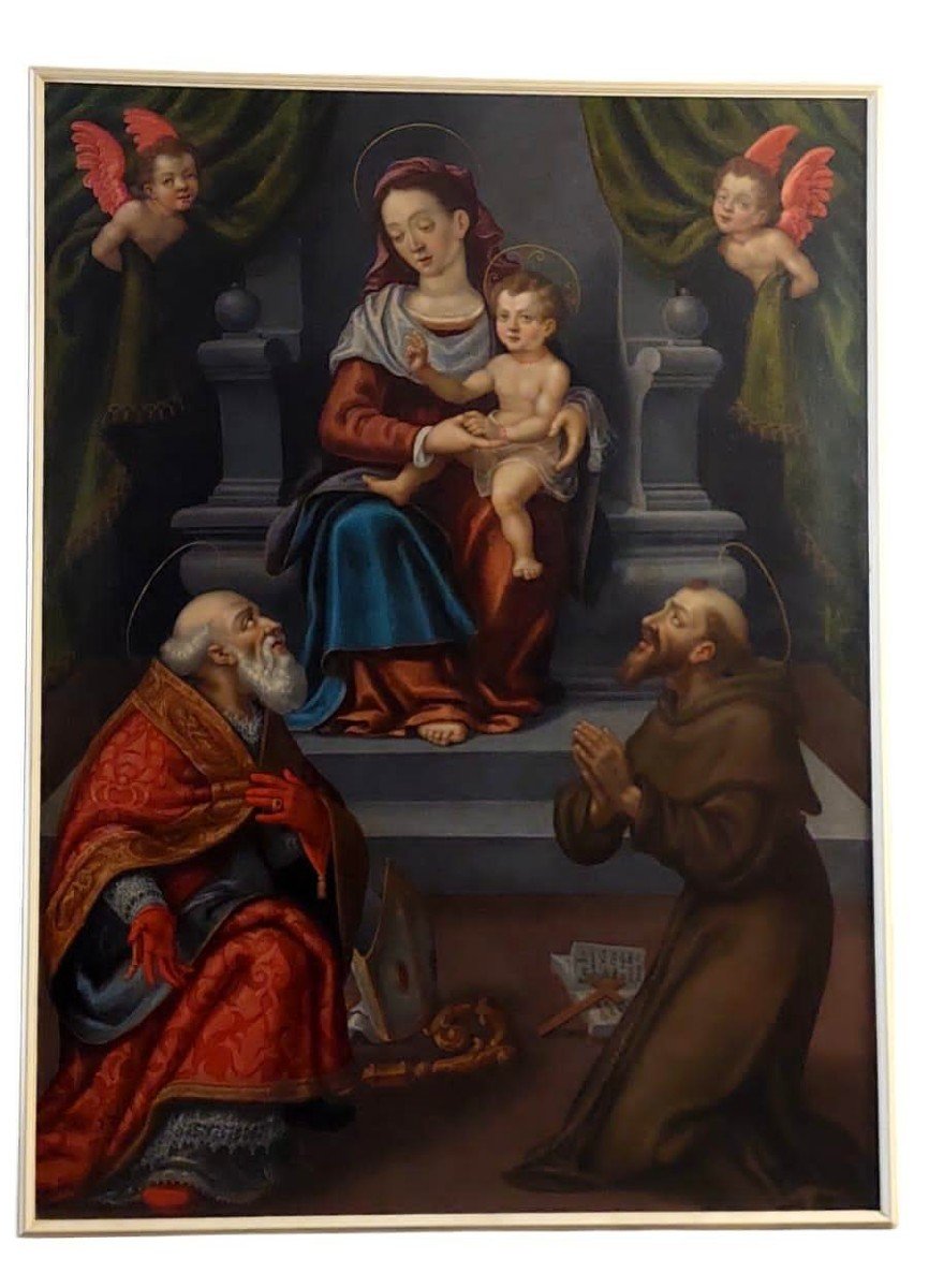 Ancient Painting - Oil On Canvas - Altarpiece - 18th Century - Madonna With Saints-photo-3