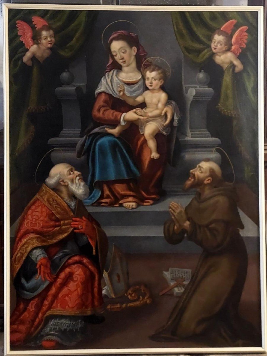 Ancient Painting - Oil On Canvas - Altarpiece - 18th Century - Madonna With Saints