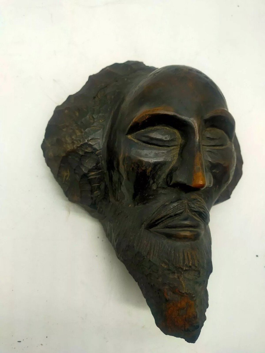 Antique 19th Century Wood Carved Head Sculpture-photo-2