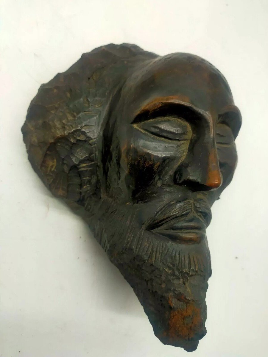 Antique 19th Century Wood Carved Head Sculpture-photo-3