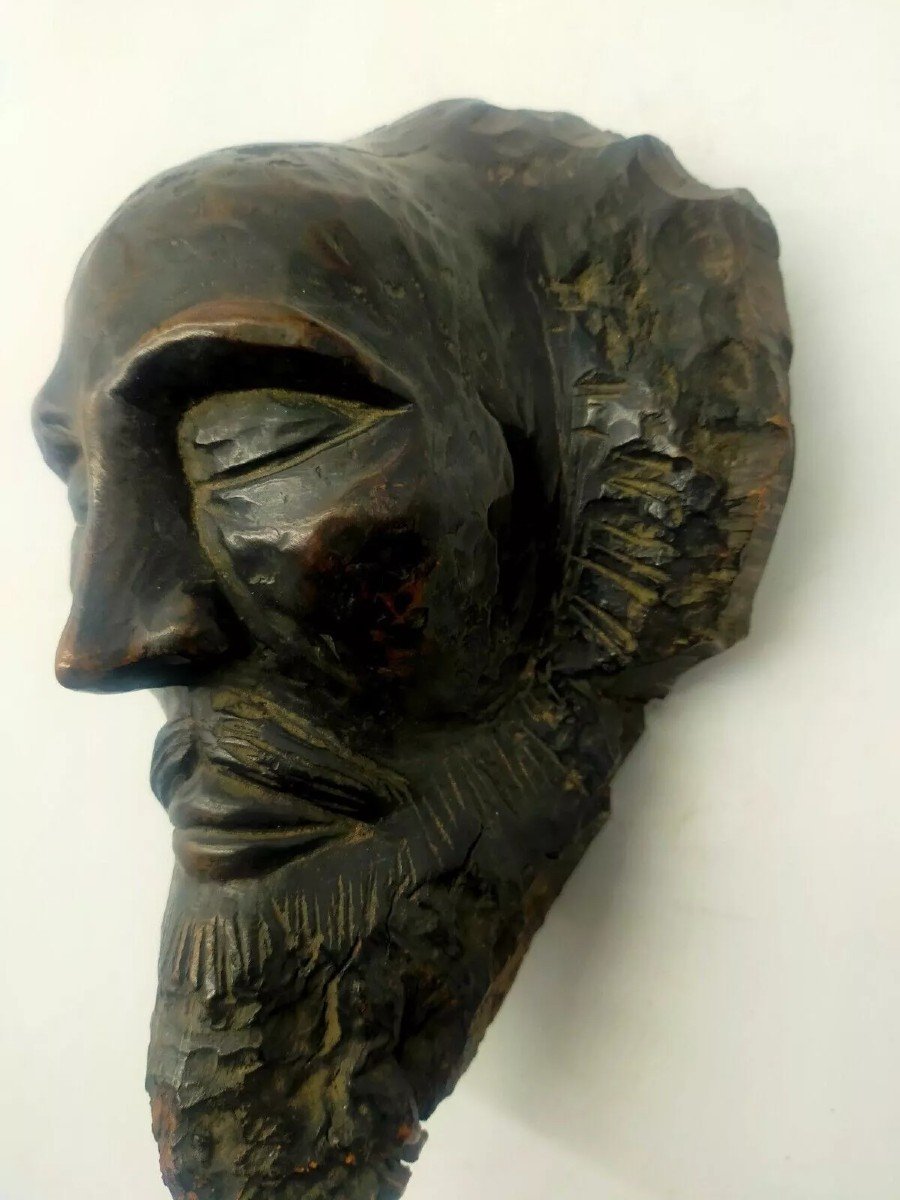 Antique 19th Century Wood Carved Head Sculpture-photo-2