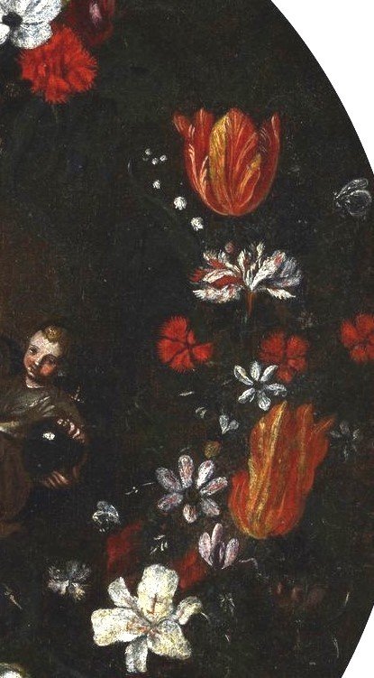 Peinture à l'Huile Sur Toile, école Italienne, Vierge à l'Enfant Sur Une Guirlande De Fleurs - -photo-3