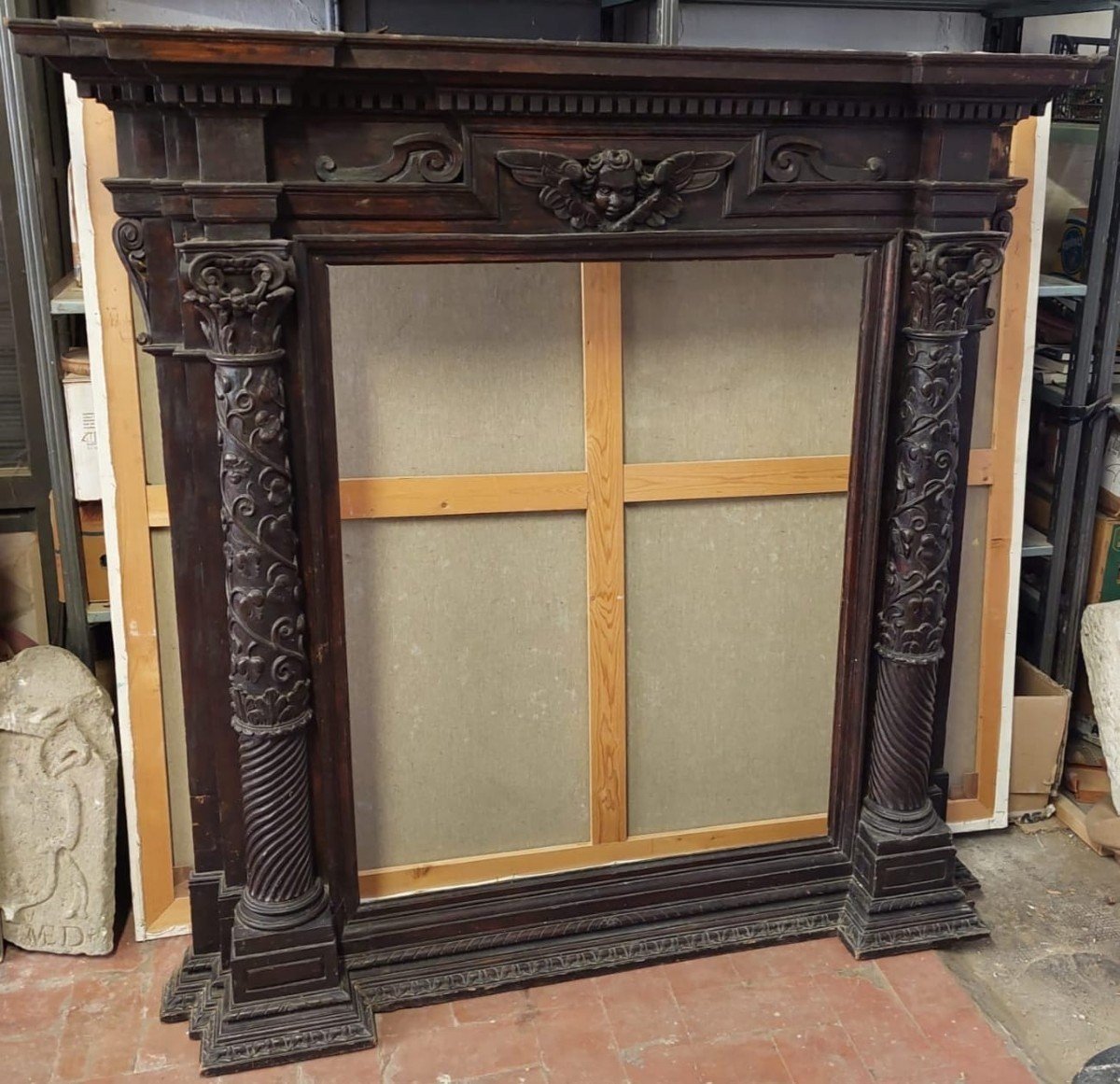 Large Fireplace Or Carved Frame In Renaissance Style, 17th Century Italy-photo-2