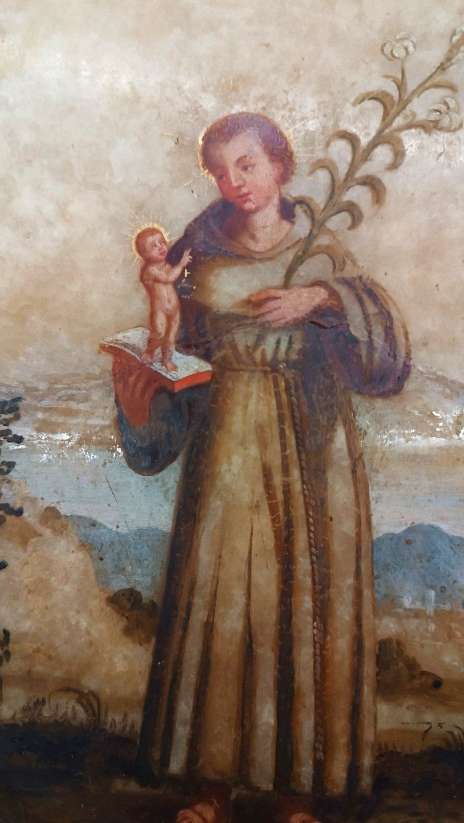 Ancient Painting On Alabaster 18th Century Italy, Saint Anthony Of Padua-photo-4