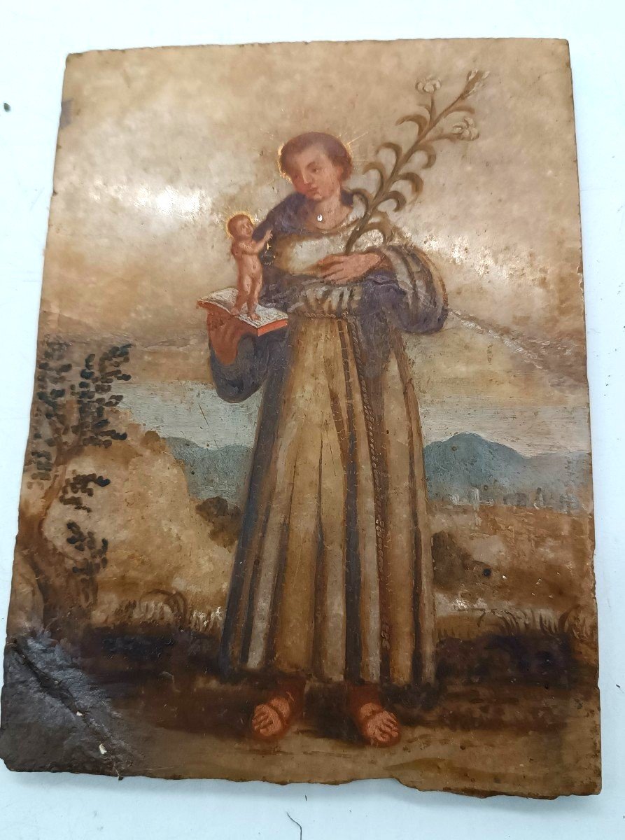 Ancient Painting On Alabaster 18th Century Italy, Saint Anthony Of Padua-photo-2