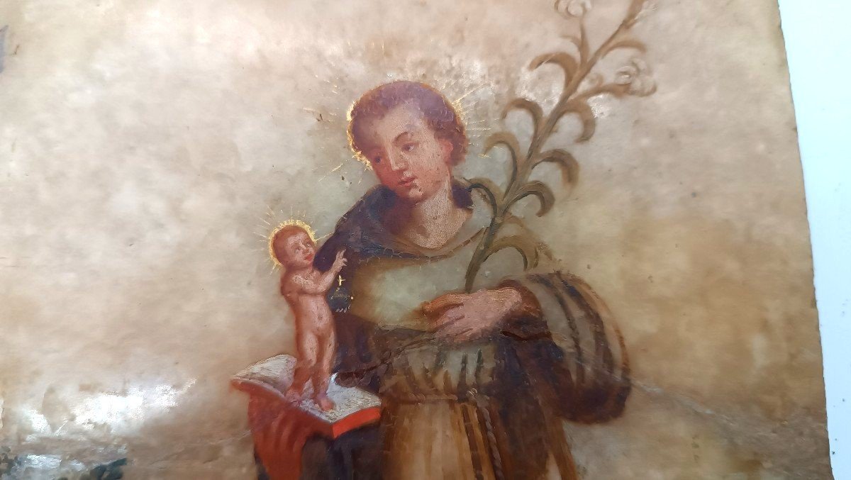 Ancient Painting On Alabaster 18th Century Italy, Saint Anthony Of Padua-photo-2