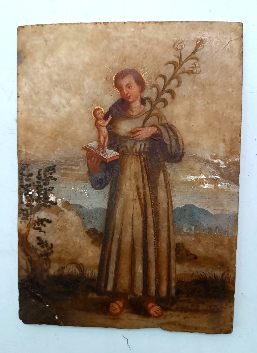 Ancient Painting On Alabaster 18th Century Italy, Saint Anthony Of Padua