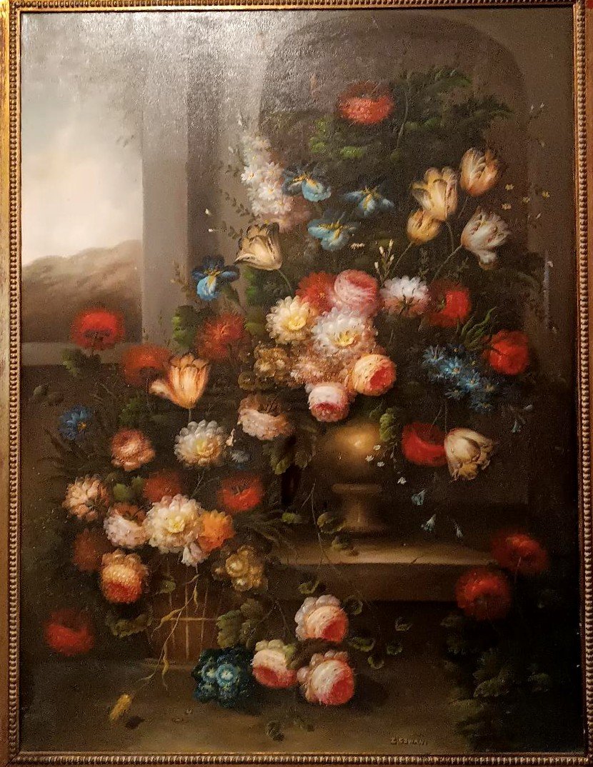 Grand Tableau - Huile Sur Toile - Vase à Fleurs - Signé Z.cowen-photo-4