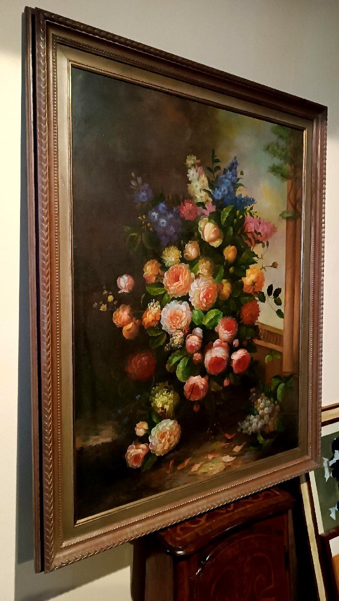 Large Painting - Oil On Canvas - Vase Of Flowers - Signed Arcangelo Monzio Compagnoni-photo-2